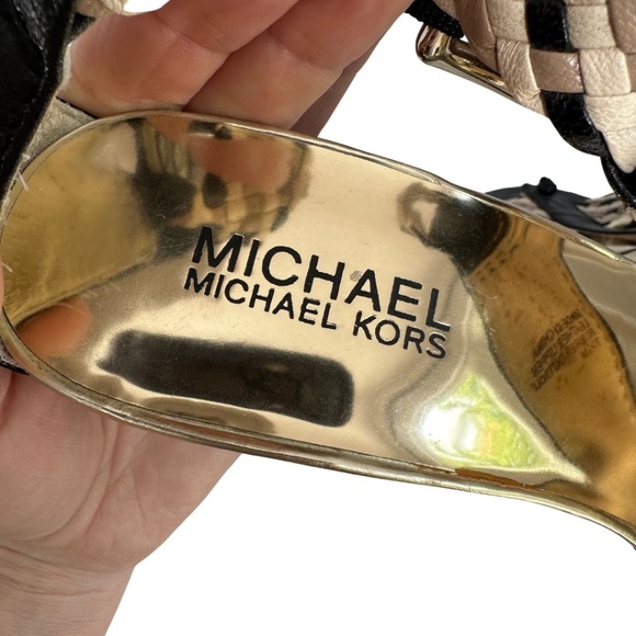 EUC Michael Kors Black Gold Tan Woven Leather Heel Sandals Sz 7.5 M - Picture 7 of 11